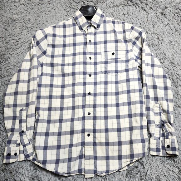 LL‎ Bean Flannel Shirt Mens Small White Blue Slightly Fitted Plaid Long Sleeve - Picture 1 of 9